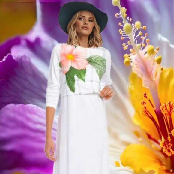 DONATELLA Bold Floral Accent Minimalist White Pima Cotton Maxi Dress Sz M - Picture 1 of 5